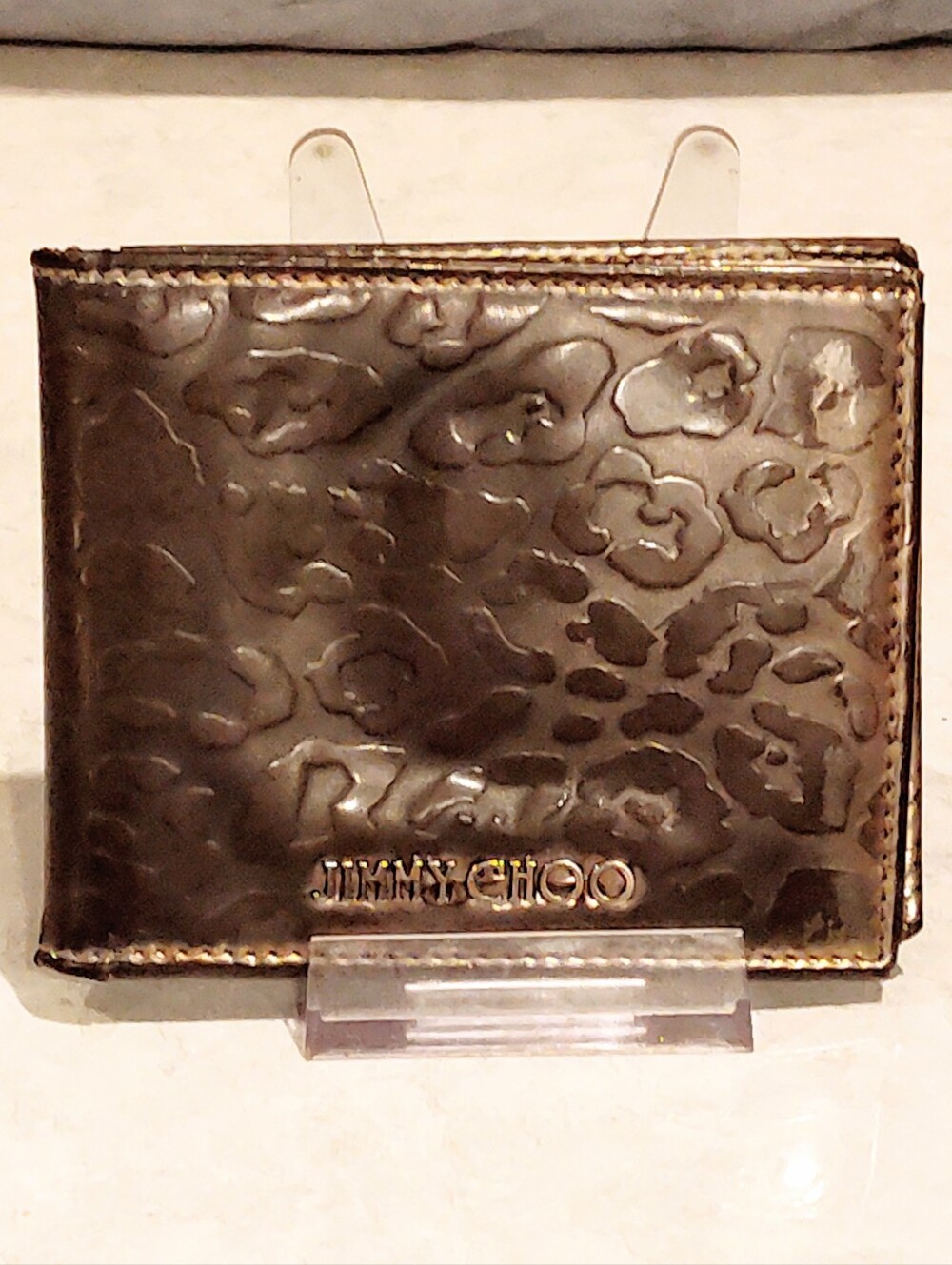 Jimmy Choo embossed metallic bronze leopard-print leather bifold wallet